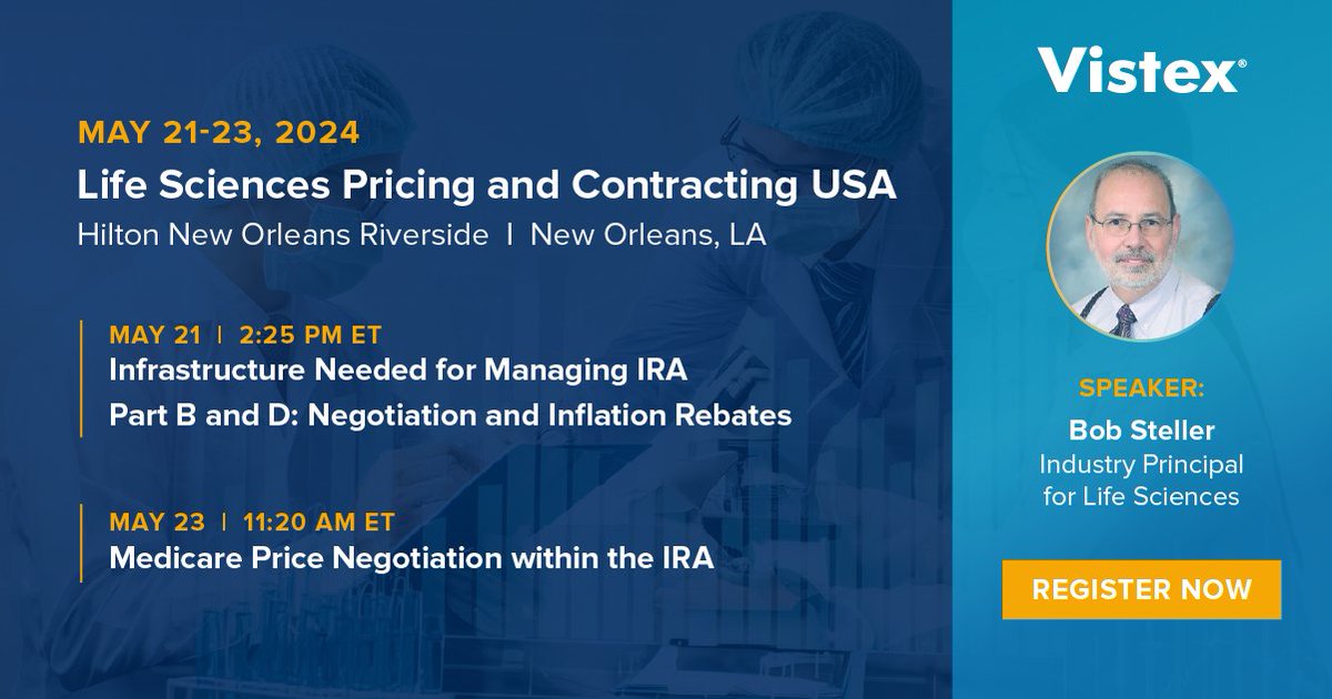 Join us at Informa Connect Life Sciences Pricing & Contracting event on May 21-23 in New Orleans. 💊 Register now with code 24VISTEX10 to receive a 10% discount. ➡ vistex.link/ICR #LifeSciences #ContractManagement #Medicaid