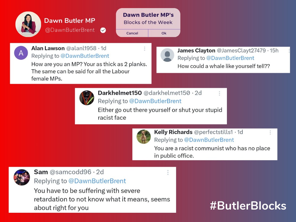 This week's Blocks of the Week features some rude, racist and weird abuse. I loved the photo of me with London Mayor @SadiqKhan and other MPs. Right-wing trolls won't stop me standing up for what I believe in! #ButlerBlocks