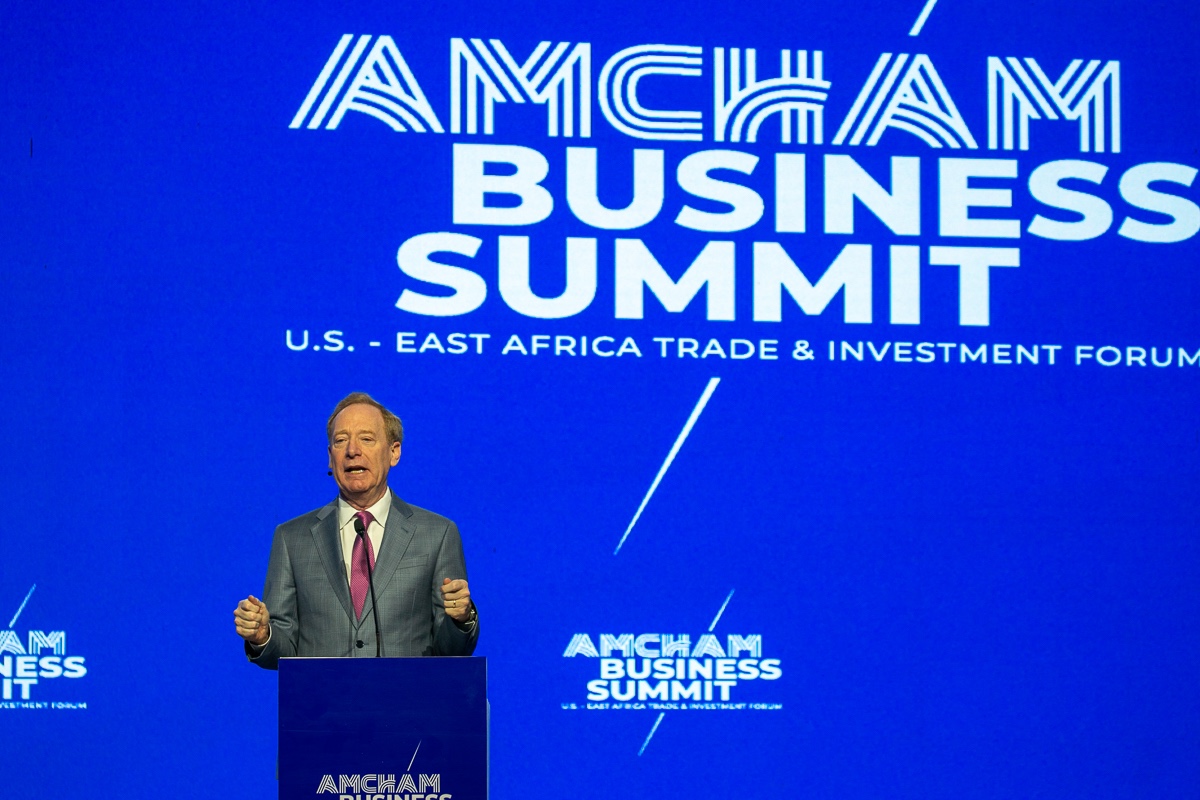 Brad Smith, Vice Chair and President of @Microsoft, delivered a keynote speech on 'Digital Transformation,' emphasizing AI's potential in Kenya and East Africa. Watch the full video here: bit.ly/3WBqb3X #AMCHAMSUmmit