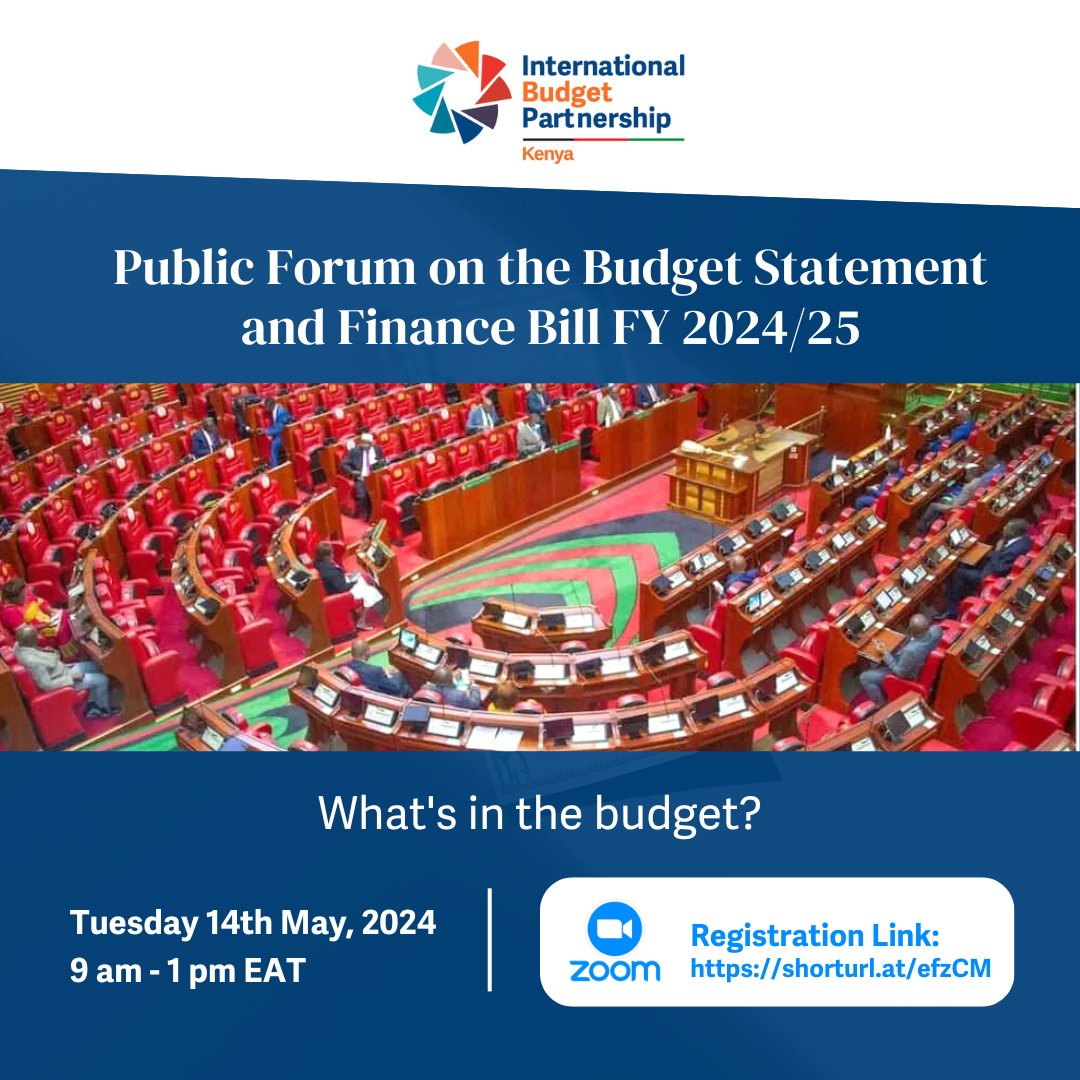 #PublicForumAlert! Join us next week on Tuesday as we unpack the Budget Estimates and Finance Bill for FY 2024/2025. Register here: shorturl.at/efzCM