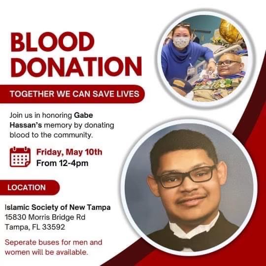 Today we celebrate what would have been Gabriel Hassan’s 18th birthday ♥️ Gabe passed away from a specific form of leukemia called Shwachman-Diamond Syndrome (SDS). In honor of their late son’s memory, Lily Carolyn & Mahmoud Hassan organized a blood drive TODAY from 12-4 PM.