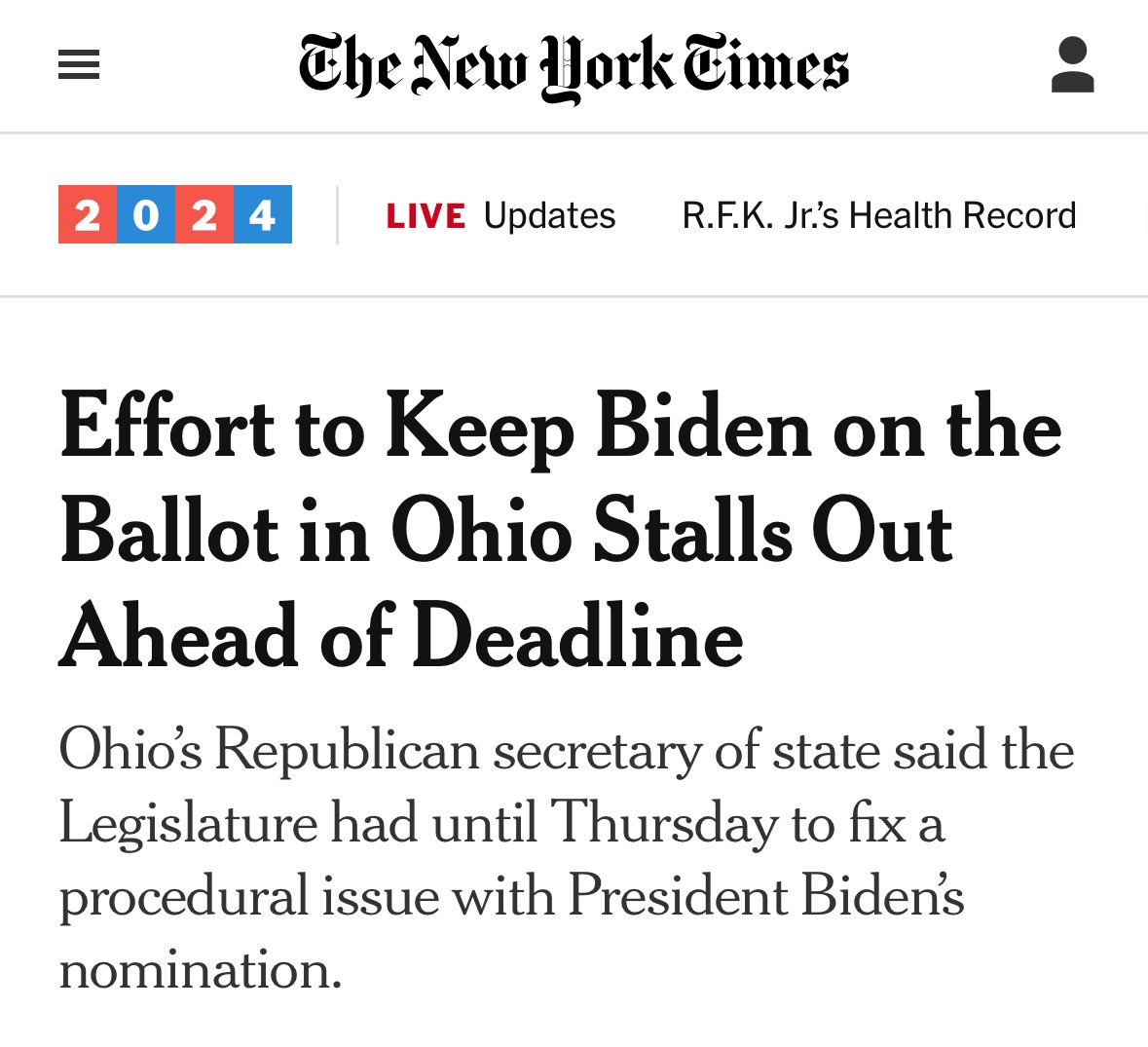 ELECTION: Democrats rigged the primary dates to keep RFK Jr from running against Biden. As a result, Biden doesn’t qualify to appear on the ballot in Ohio per state law. If lawmakers don’t change the law Biden will lose the state.