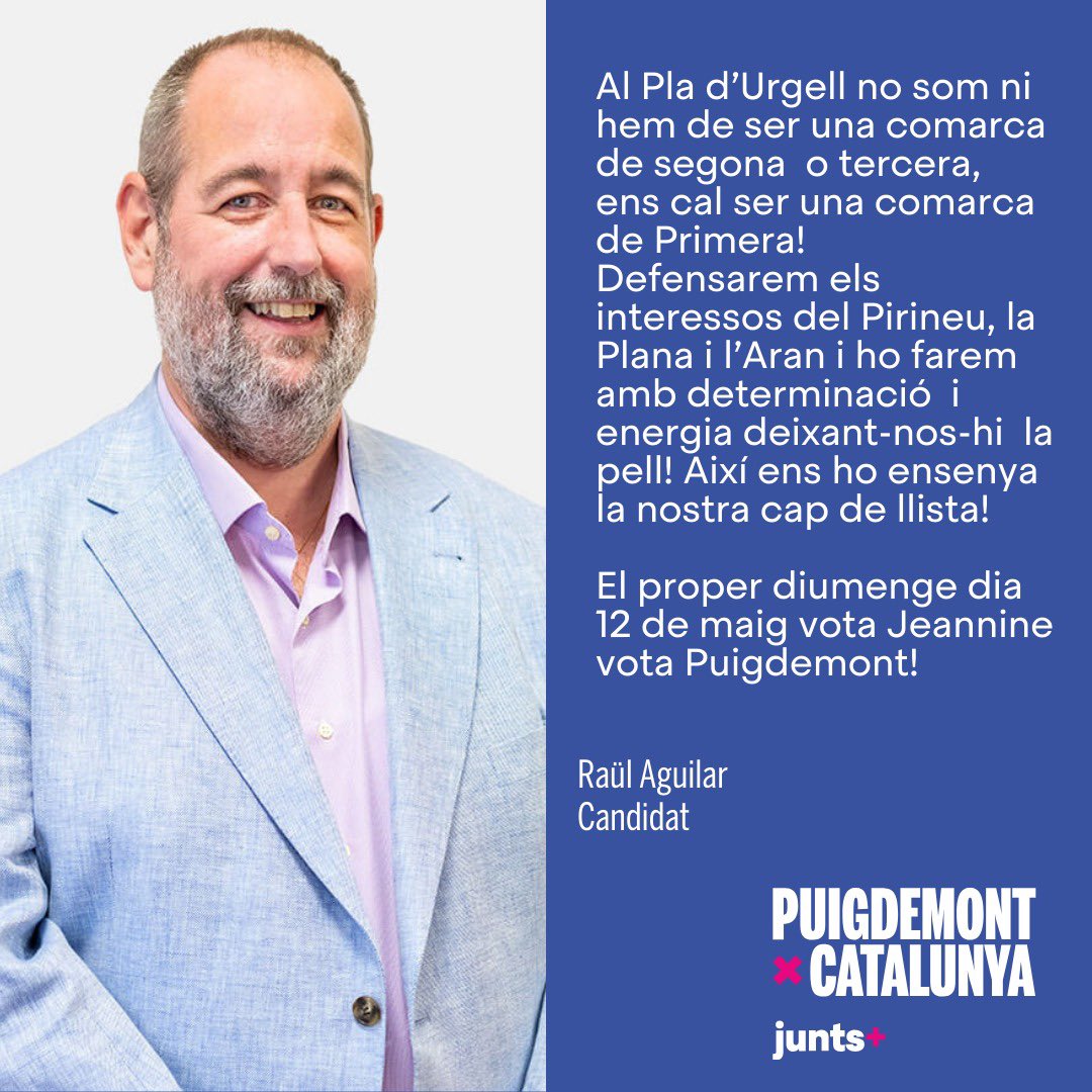 @raulaguilarmaza de Mollerussa. Tinent d’alcalde, cap de llista de Mollerussa i candidat a la llista de les Terres de Lleida, Pirineu i Aran de Junts+Puigdemont: “Defensarem els interessos de la plana de Lleida, el Pirineu i l’Aran amb determinació”