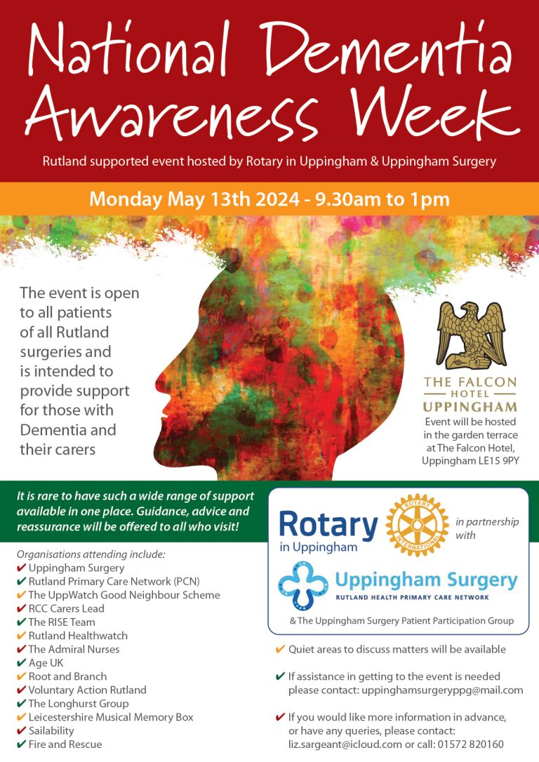 Join us on 13 May for the Uppingham Dementia Awareness Event. With loads of info on offer and quiet areas to talk with support workers, it's not to be missed if you are worried about your memory or just want to know more @RutlandCAB @rutlandcouncil @UppinghamDoctor @aliciakearns