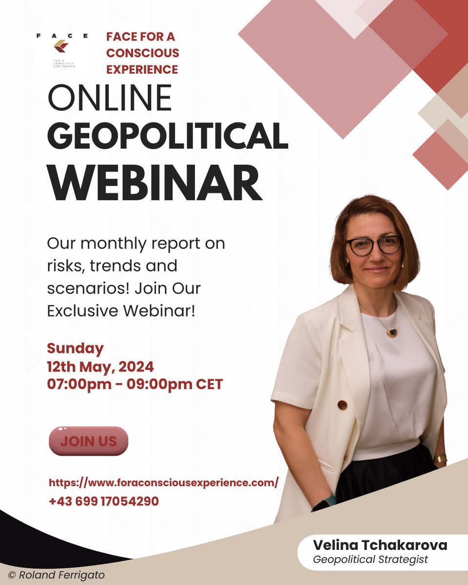 Join me for the next geopolitical online webinar this Sunday. This session will present my latest monthly reporting on global geopolitical risks, trends, and scenarios. Recording will be available. #Velsig #Webinar #Geopolitics 
🕖 7-9 PM CET
🗓️ May 12
🔗 foraconsciousexperience.com/shop/online-ge…