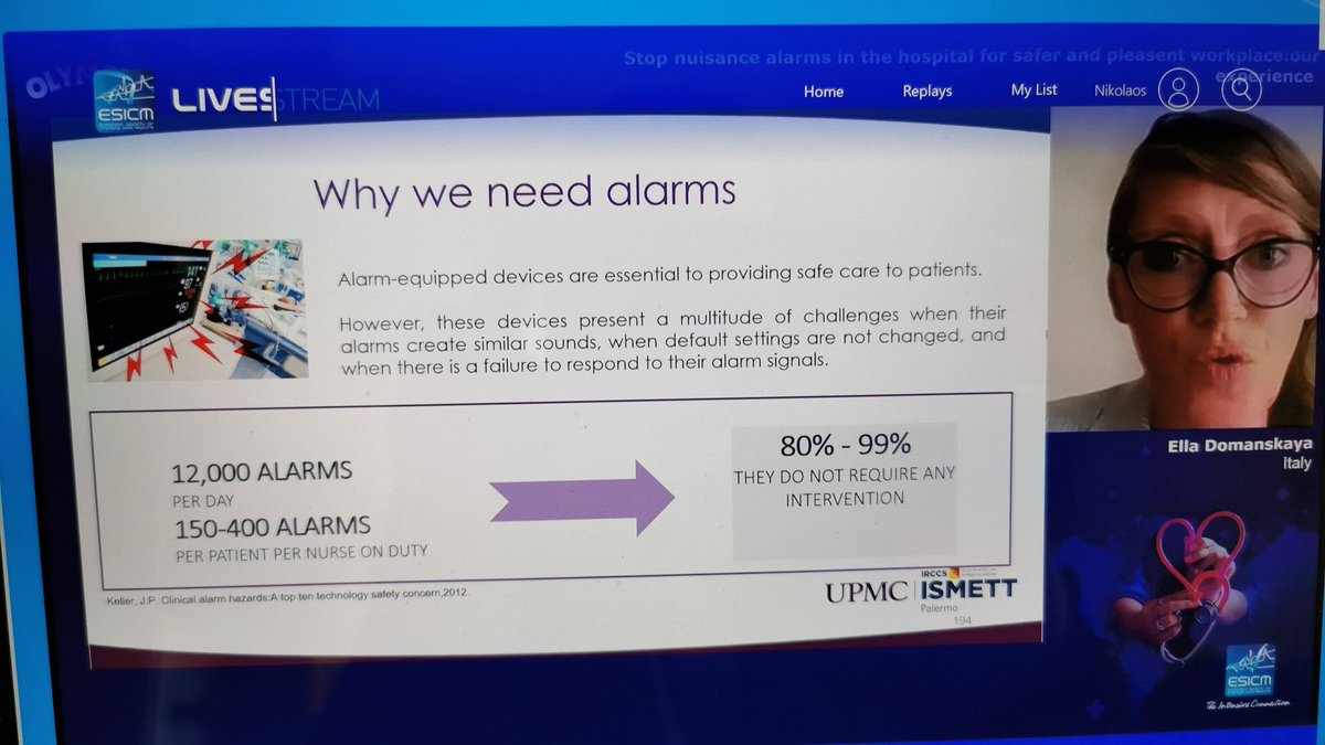 Ella Domanskaya talks about alarm fatigue in ICUs. We need to improve alarm management in ICUs to reduce the risk of harm. @ESICM #ESICMOlympus #InternationalNursesDay