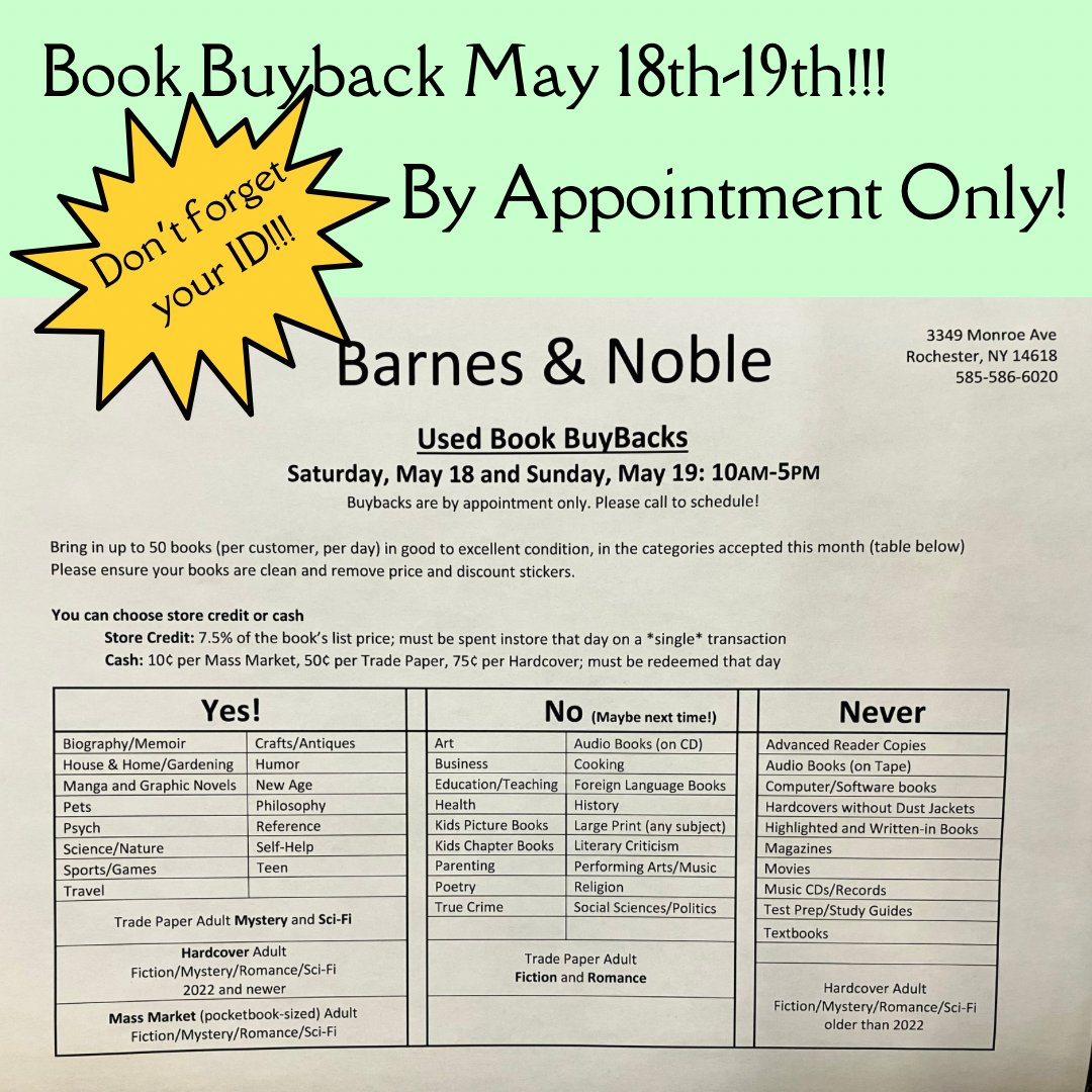 Our May buyback is Saturday the 18th and Sunday the 19th! We've got a wonderful selection of used books in store, and we're so excited to expand further! #bnpittsford #bnbuzz #bookbuyback #usedbooks