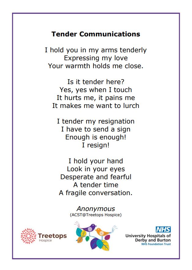 RealTalk (@realtalk_eol) on Twitter photo Sharing a ACST delegate's poem on "Tender Communications", thank you Anomynous , supporting each other is so important in honest conversations #DMAW24 <a href="/SharanComms/">Sharan Harris-Christensen</a>
<a href="/treetopshospice/">Treetops Hospice</a> Sharing a ACST delegate's poem on "Tender Communications", thank you Anomynous , supporting each other is so important in honest conversations #DMAW24 <a href="/SharanComms/">Sharan Harris-Christensen</a>
<a href="/treetopshospice/">Treetops Hospice</a>
