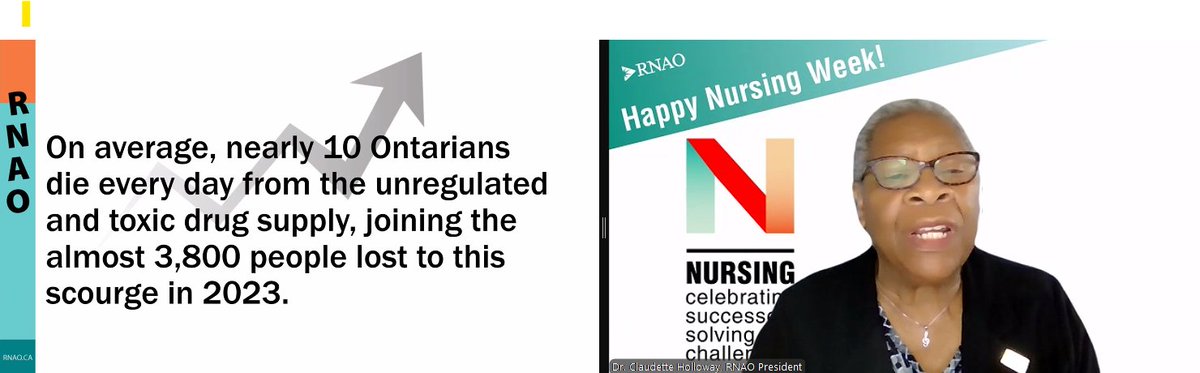 Our #ToxicDrugCrisis media conference is underway. RNAO President @ClaudetteHollow begins with a land acknowledgement. We've gathered to 'raise our voices on an issue that continues to claim lives and for which we need the government to act in an urgent manner,' she says.