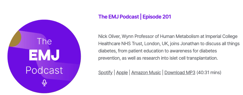 Why not listen to a podcast in the sun?🌞🎧 MDR's Prof Nick Oliver (@Mortdecai) joined the @EMJReviews podcast to discuss all things diabetes, from patient education to awareness for diabetes prevention, and research into islet cell transplantation ⬇️ emjreviews.com/diabetes/podca…