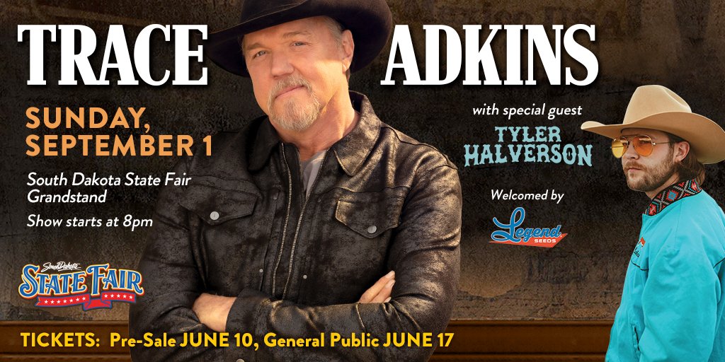 🎤Exciting News! We are thrilled to announce that the incredibly talented South Dakota native @tylerhalverwho will be joining us as the opening support act for @TraceAdkins welcomed by @LegendSeeds on Sunday, September 1 at the SD State Fair.