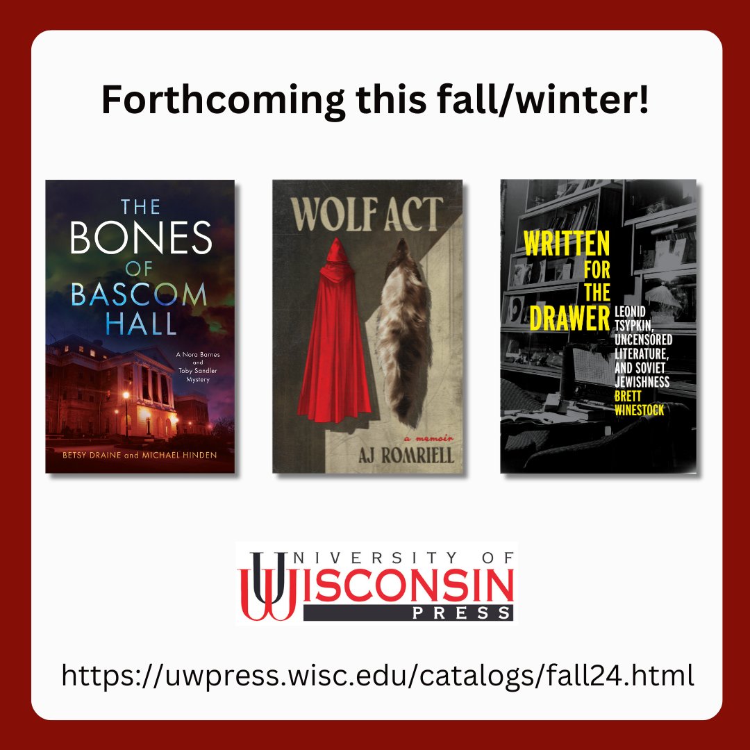 We're excited to announce the publication of three more books coming this fall/winter: a mystery by Betsy Draine & Michael Hinden, a memoir by @aj_romriell, and Brett Winestock’s study of Leonid Tyspkin’s life and work! For more on our fall/winter titles: tinyurl.com/bdht5j63