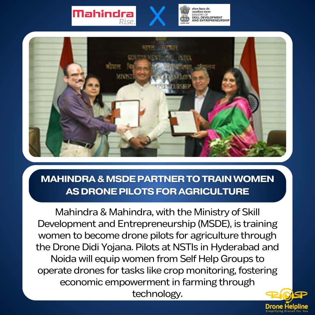 🌱✈️ Mahindra & Mahindra partners with MSDE to train women as drone pilots for agriculture through the Drone Didi Yojana!🚜👩‍🌾 Read More: bit.ly/3WAcEcQ #DronesForAgri #WomenEmpowerment #SkillDevelopment #FarmTech #India #drone #droneinnovation #dronehelpline #dronedidi