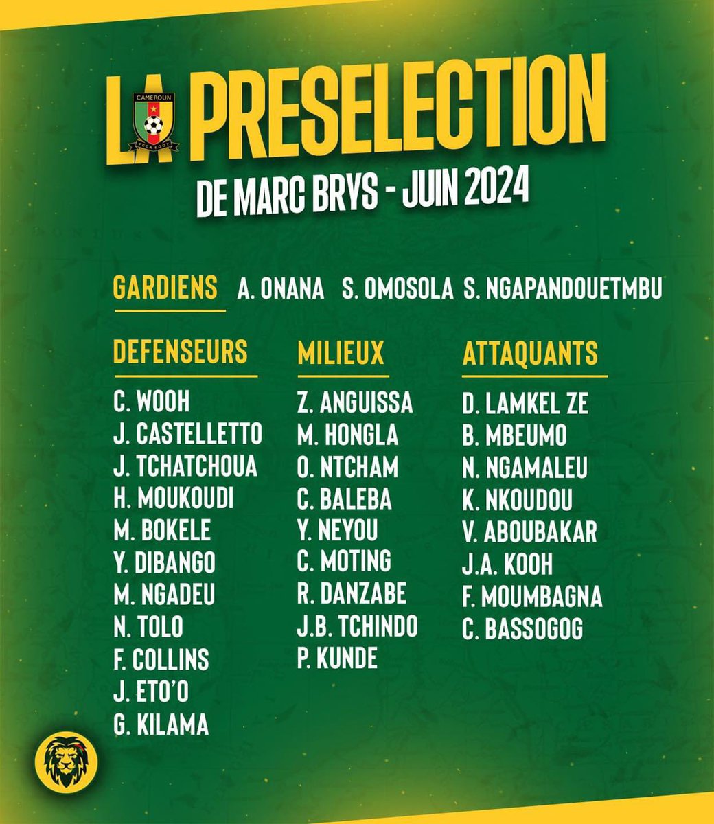 🔴 La liste des joueurs présélectionnés par Marc Brys pour les matches contre le Cap Vert et l’Angola. #CFOOT 🇨🇲🦁 (@AllezLesLions)