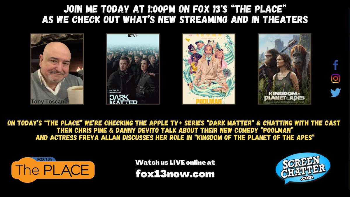 Join us today at 1PM on #Fox13Utah's #ThePlace as we chat about #KingdomOfThePlanetOfTheApes, #Poolman & #DarkMatter with interviews with #FreyaAllan, #ChrisPine, #DannyDeVito & #JenniferConnelly

#ScreenChatter #whatsnew #moviereviews
