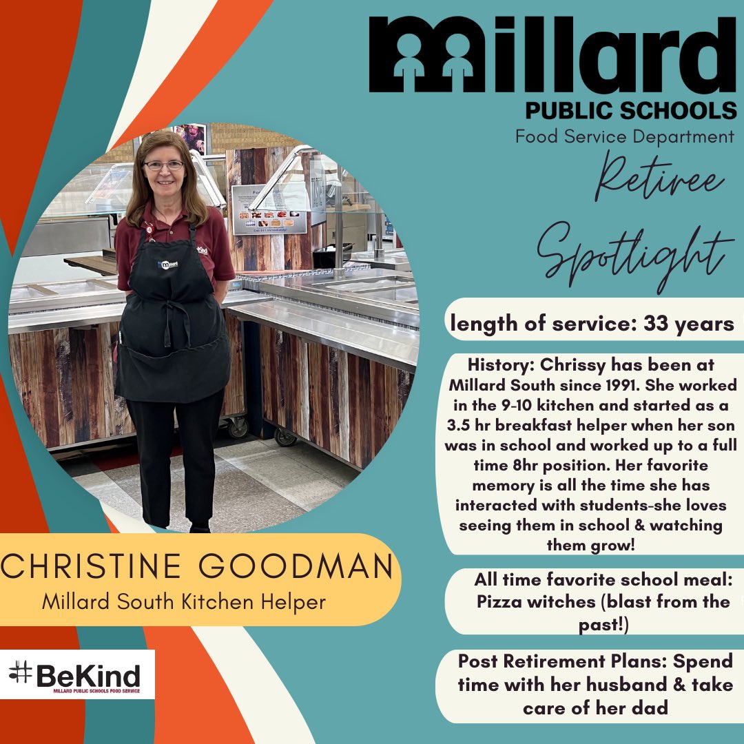 Millard Food Service (@mpsschoollunch) on Twitter photo Today we wrap up our parade of retirees with Christine (Chrissy) Goodman. 33 years of service-yes THIRTY THREE in the kitchen at Millard South.
Your smile and heart for the students at South will be greatly missed! <a href="/MillardPS/">Millard Public Schools</a> <a href="/m_south_hs/">Millard South HS</a> #MPSschoollunch Today we wrap up our parade of retirees with Christine (Chrissy) Goodman. 33 years of service-yes THIRTY THREE in the kitchen at Millard South.
Your smile and heart for the students at South will be greatly missed! <a href="/MillardPS/">Millard Public Schools</a> <a href="/m_south_hs/">Millard South HS</a> #MPSschoollunch