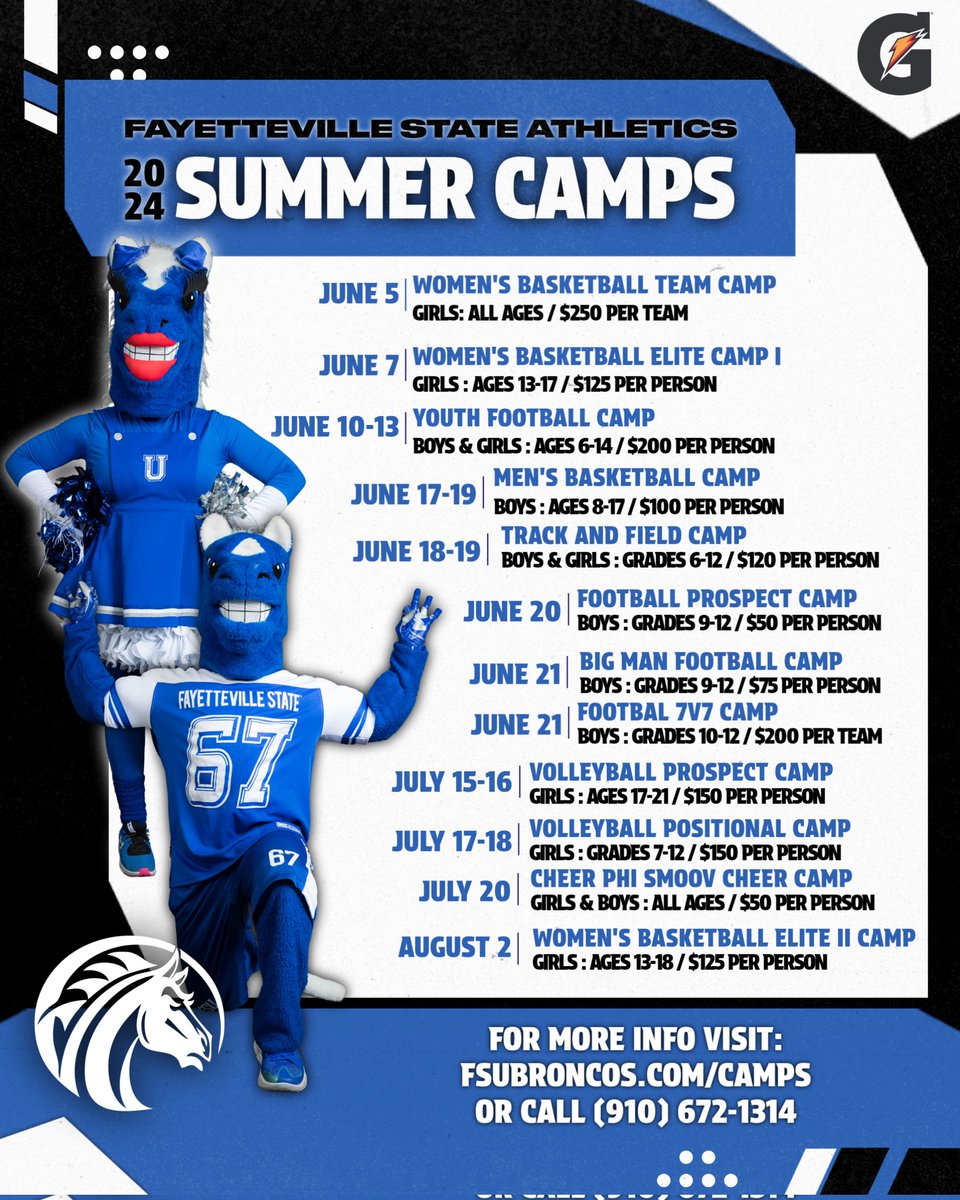 Our Youth & Team Summer Camps are coming up! Here are the various camps, dates, and prices for this summer! 🐴💙🤍 #fsubroncos #gatoradepartner #broncopride