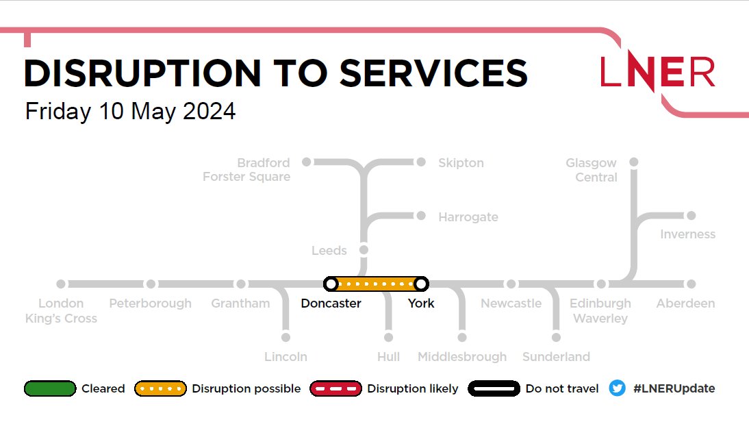 ⚠️#LNERUpdate Due to animals on the railway between #Doncaster and #York, Northbound services may be subject to delays when passing in the surrounding area. ℹ️ For live train updates: lner.co.uk/travel-informa…