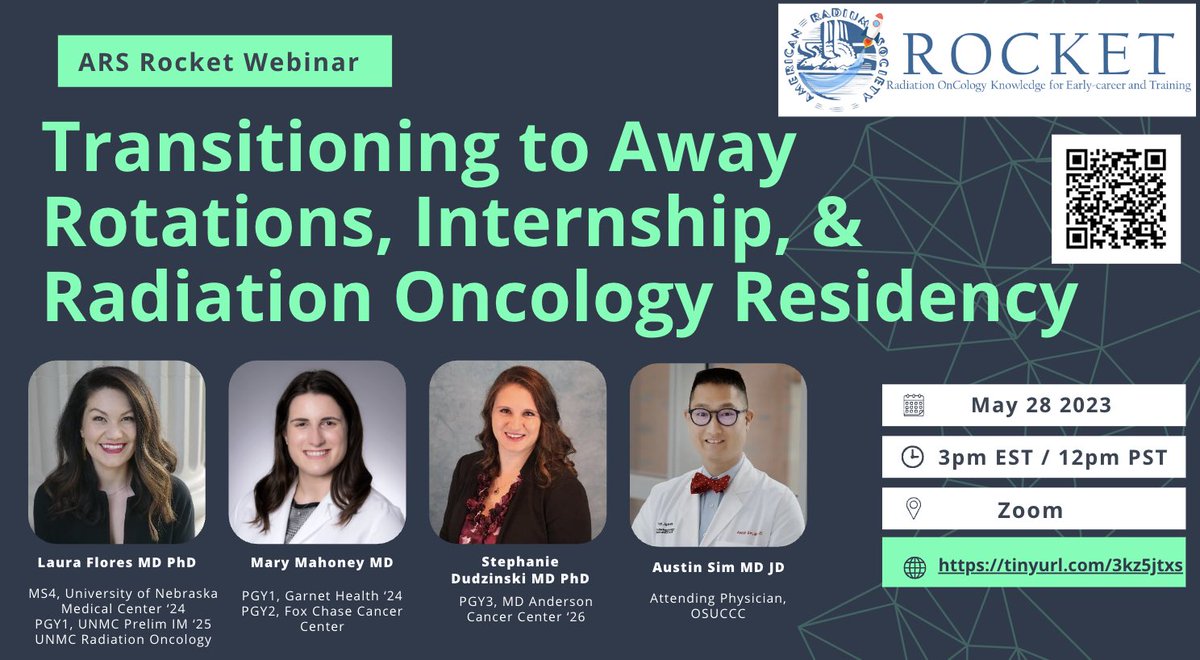 Piggybacking off @ACRORadOnc’s webinar with this session for medical students, with superstar panelists @LauraFlowersE, @StephDudzinski, @MaryMahoney02 and @A_CT_SimMDJD! SIGN UP TODAY! americanradiumsociety.org/page/ROCKETWeb…