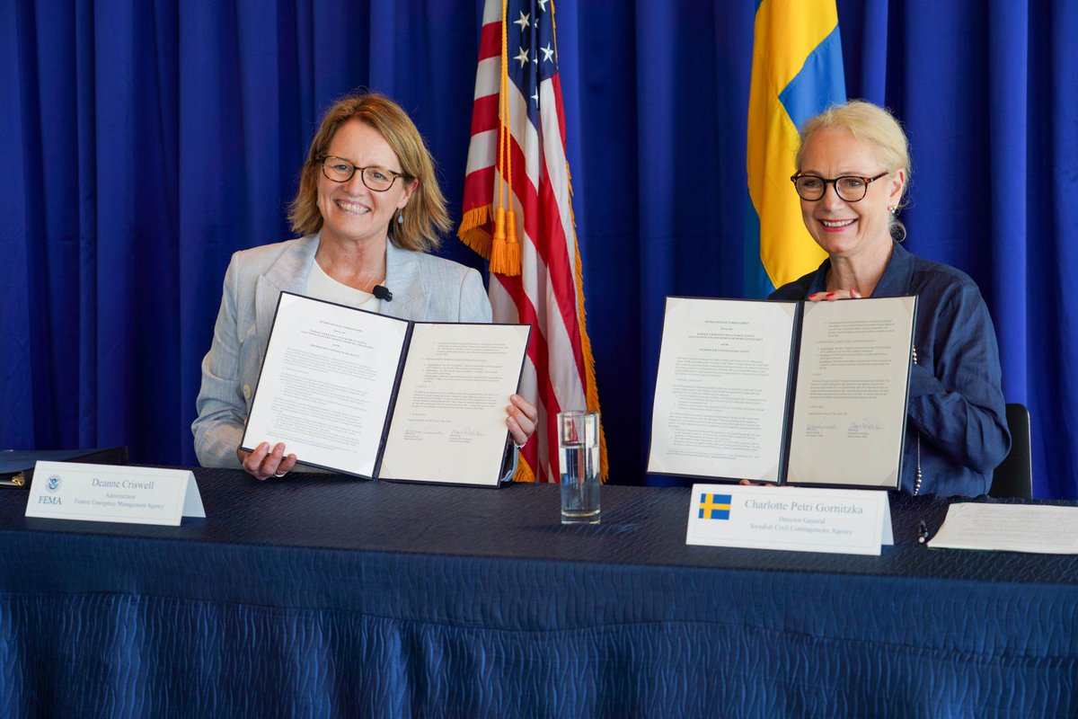 .@fema_deanne signed a Memorandum of Understanding (MOU) with @MSBse Director General, @CharlottePetriG — formalizing our countries' mutual commitment to advancing global resilience & sharing emergency management strategies. More info: fema.gov/press-release/…