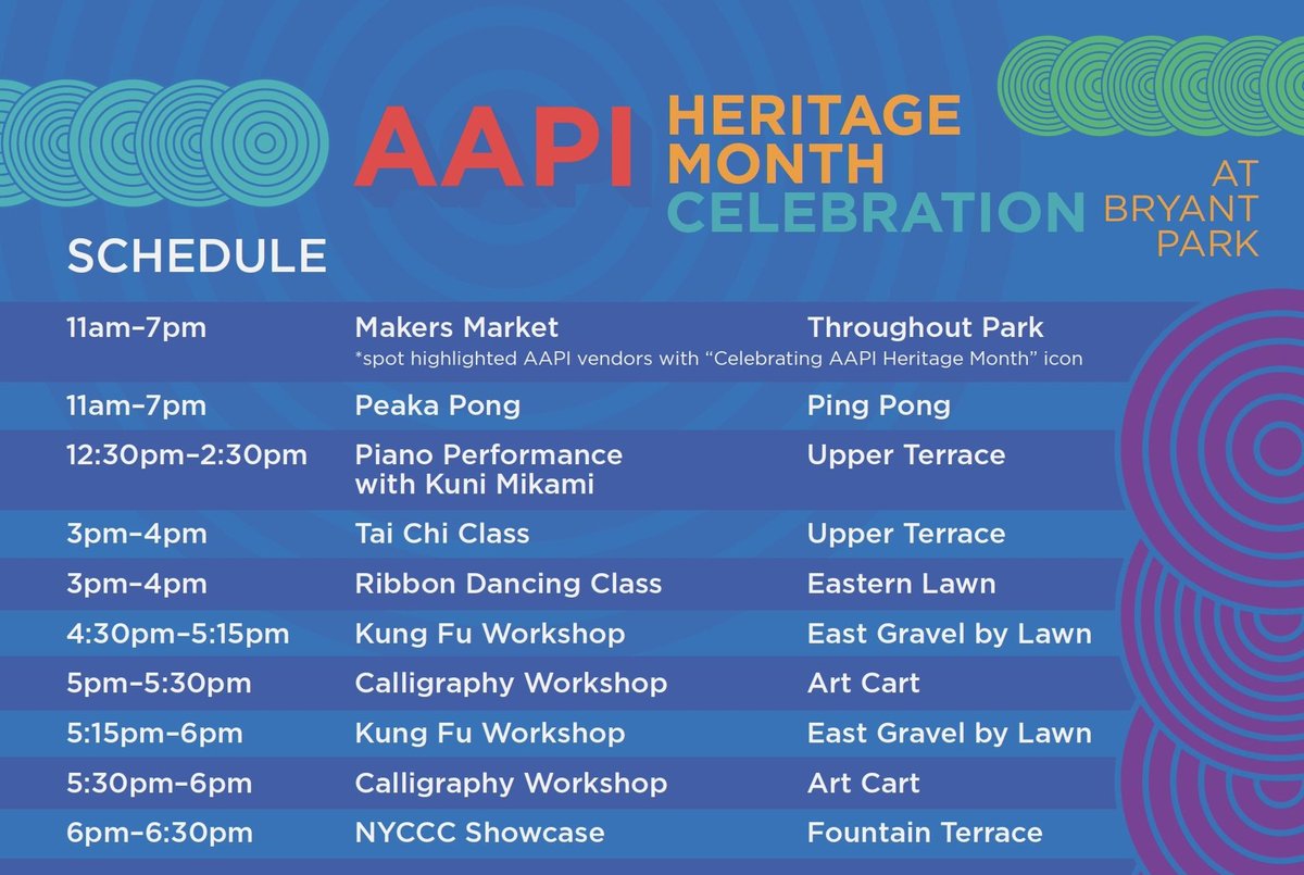 Today we’re celebrating AAPI Heritage Month ✨! Kicking off the day is Peaka Pong, an exciting combination of Ping Pong and Pickle Ball 🏓. All events are free to join and no registration is required. Tap for the full schedule 💚! bryantpark.org/calendar/event…