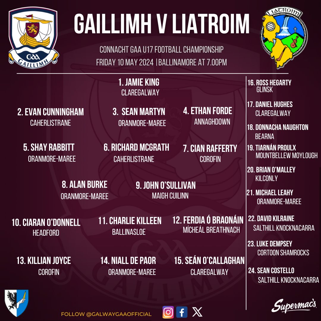 🚨TEAM NEWS 🚨
Connacht Minor Football Championship

Galway v Leitrim
📍Ballinamore
📆Friday 10 May 2024
🕑7.00PM

Buy Match Tickets🎟️
universe.com/events/electri…

📺Streaming on
page.inplayer.com/connachtgaa/it…

Best of Luck lads!

#riseofthetribes
#gaillimhabú