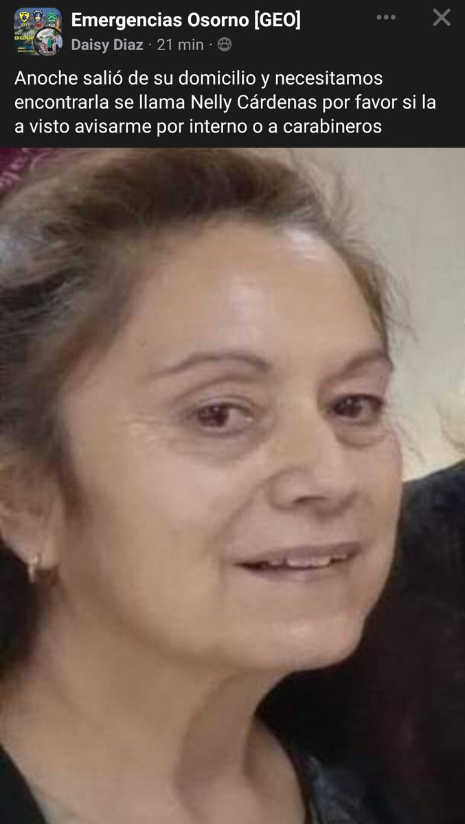 Geosorno01's tweet photo. Atención #Osorno #SEBUSCA 
 Nelly del Carmen Cárdenas sotomayor, 61 años
Vestía pijama rosado afelpado
Zapatillas plateadas o plomas
Chaqueta ploma
Cintillo tipo gorrito de lama mostaza con blanco.   Salio a las 4 am desde la calle Antonio Varas  (su domicilio) @Personaschile https://t.co/vJxeVfGvAd