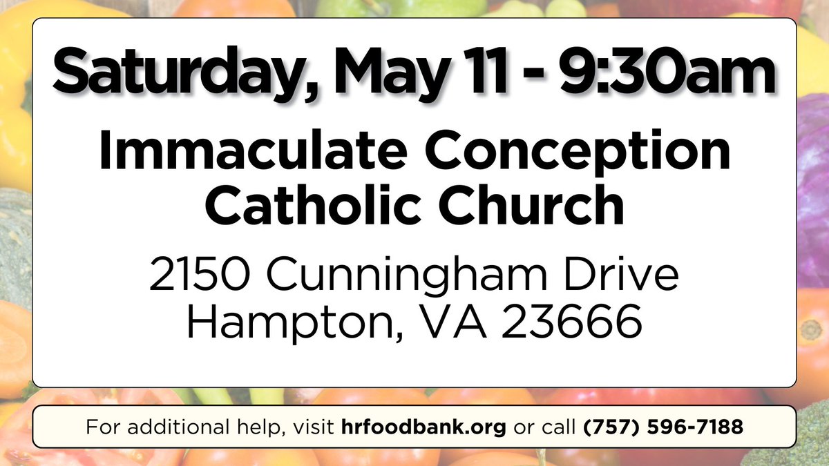 If you or someone you know needs food assistance, please direct them to our mobile food distribution on Saturday at 9:30 am at Immaculate Conception Catholic Church in Hampton. The distribution will continue while supplies last. #FoodPantry #GetHelp