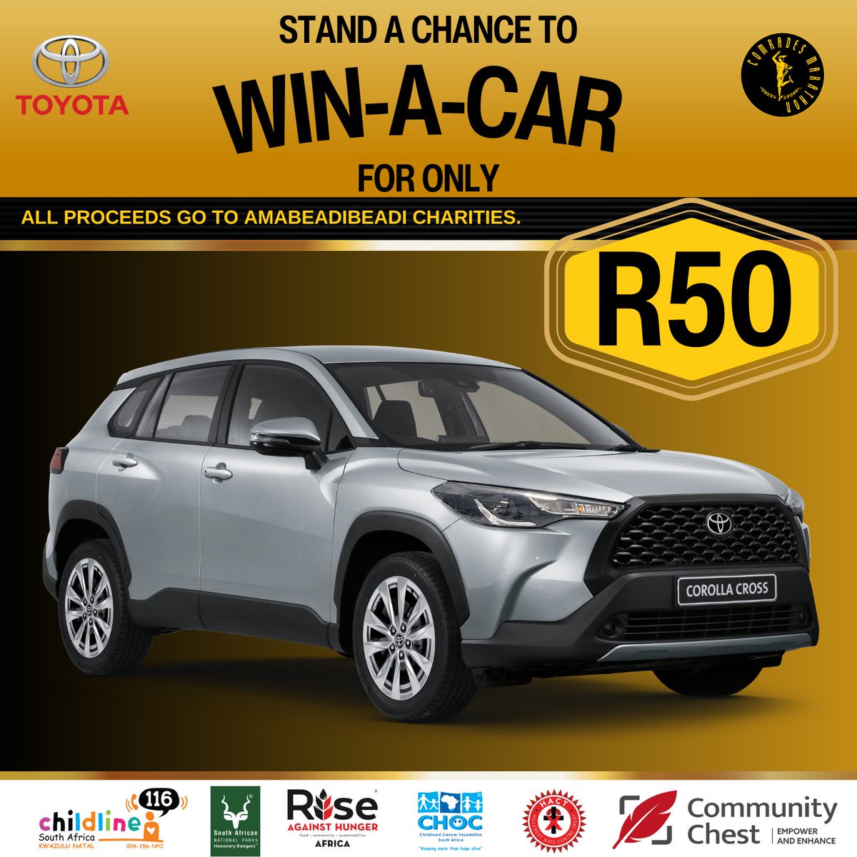 Stand a chance to win a spectacular Toyota Corolla Cross 1.8 Xi CVT on Comrades race day. Buy your raffle ticket today for only R50 from any of the six Comrades official charities or via the Comrades website comrades.com