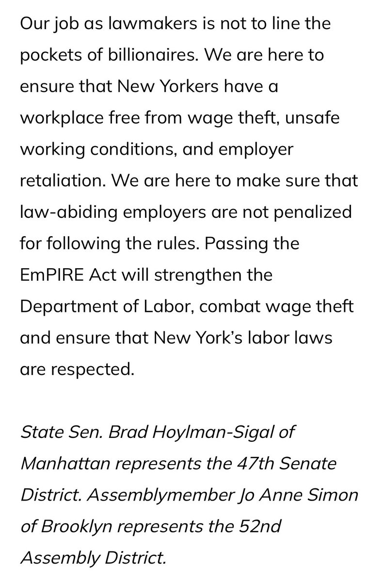 'Our job as lawmakers is not to line the pockets of billionaires... Passing the #EmPIREAct will strengthen the @NYSLabor, combat wage theft and ensure that New York’s labor laws are respected.' Well said 👏🏽👏🏽👏🏽 @JoAnneSimonBK52 @SenatorHoylman Read more timesunion.com/opinion/articl…