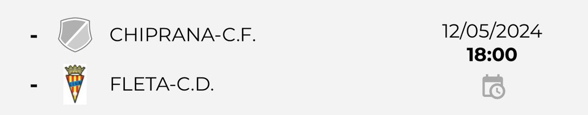 𝗘𝗹 𝗽𝗮𝗿𝘁𝗶𝗱𝗼 𝗱𝗲 𝗹𝗮 𝗷𝗼𝗿𝗻𝗮𝗱𝗮 𝗲𝗻 𝗣𝗿𝗲𝗳𝗲𝗿𝗲𝗻𝘁𝗲 2️⃣

Un <a href="/Chiprana_CF/">C.F. Chiprana</a> jugandose la salvacion recibe al <a href="/fleta_cd/">CD Fleta</a> que quiere seguir aferrandose y luchando por no descender

🎯Permanencia

Chiprana 🆚 Fleta
📆12 Mayo
⌚️18:00
🏟️La Balsa

#ElMarcadorAragones