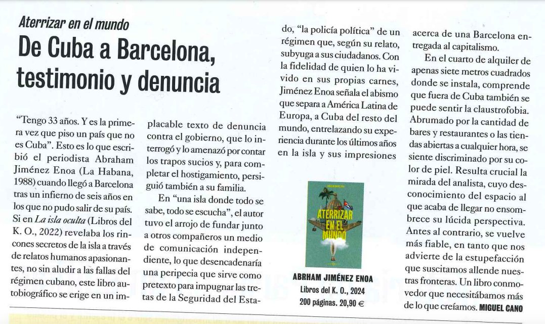 'Implacable texto de denuncia contra el gobierno que lo amenazó por contar los trapos sucios' '@JimenezEnoa señala el abismo que separa America Latina de Europa' 'Un libro conmovedor que necesitábamos más de lo que creíamos' M.Cano de 'Aterrizar en el mundo' en @elcultural