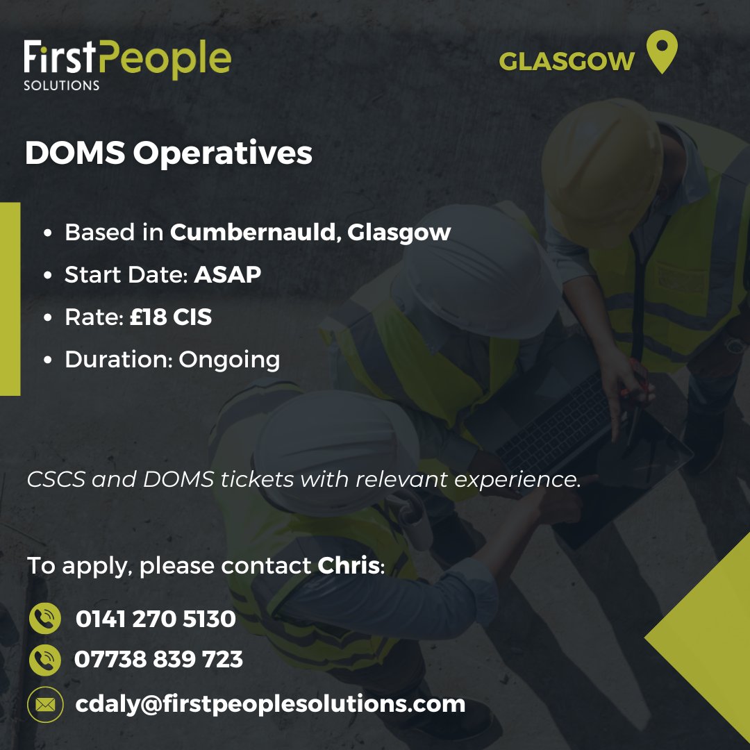 First People Solutions are in search of DOMS Operatives for a project in Cumbernauld, Glasgow🛠️ For more information on how to apply, please get in touch with Chris Daly: 📞: 0141 270 5130 📞: 07738 839 723 📧: cdaly@firstpeoplesolutions.com #firstpeoplesolutions #HiringNow