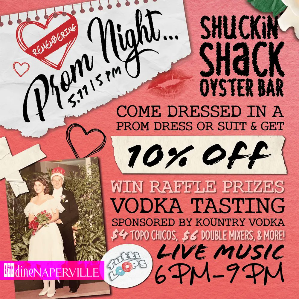 It's Prom Season! Time to dust off those powder-blue tuxes and spunky prom dresses for a night of unforgettable fun at Shuckin Shack Oyster Bar's Prom Party! 
dinenaperville.com/dining-special…
#dinenaperville #PromNight2024