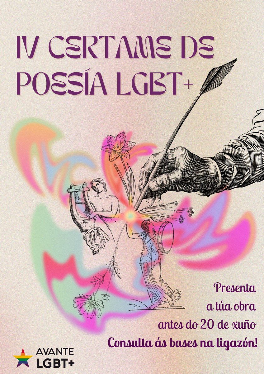 Un ano máis, convocamos a IV edición do Certame de Poesía LGBT+ Galega! 🏳️‍🌈 Dende hoxe ate o día 21 de xuño ás 23:59h estará aberto o prazo para que deixedes voar a imaxinación e mandedes as vosas obras ao noso correo: avantelgbtcompostela@gmail.com