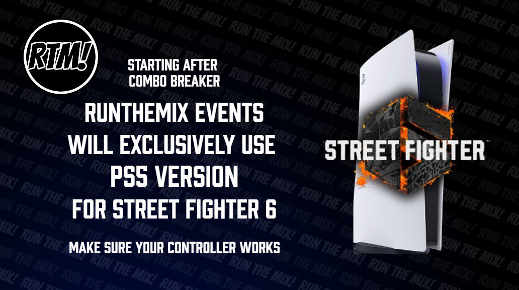 Starting after Combo Breaker, RunTheMix events will exclusively use the PS5 version of Street Fighter 6.
The Brook Wingman FGC is the standard solution if you need a converter.