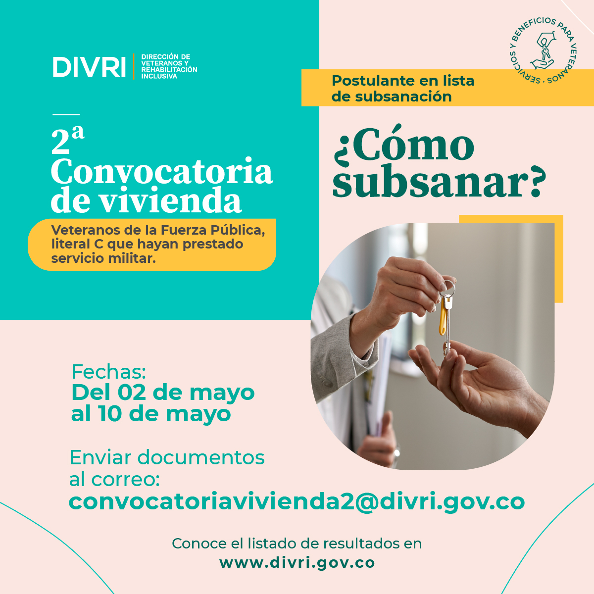 #InformaciónÚtil Veterano, no olvides que hasta hoy tienes plazo para subsanar los documentos de la postulación a la segunda convocatoria del @mindefensa que entrega subsidio de vivienda urbana. Mira en el siguiente link toda la información al respecto: divri.gov.co/sala-de-prensa…