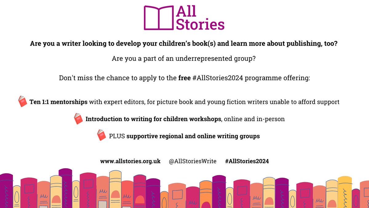 I'm delighted to be a mentor for #AllStories2024. The programme will once again offer in-depth mentorships to children's book writers from underrepresented groups, alongside vital grassroots events. If you're looking to develop your work, do check it out: allstories.org.uk