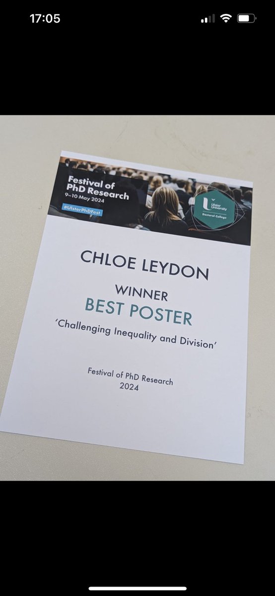 Delighted to present my poster at Ulster University PhD Festival and get awarded best research poster for ‘Challenging Inequality and Division’.
Excellent networking experience and event✨ 
#UlsterPhDFest #UBelong
<a href="/ktpedlow/">Dr Katy Pedlow</a> <a href="/McConnellPhysio/">Dr Karen McConnell</a> <a href="/sineadconnolly/">Sinead Connolly</a> <a href="/jeandaly55/">Dr Jean Daly Lynn</a>