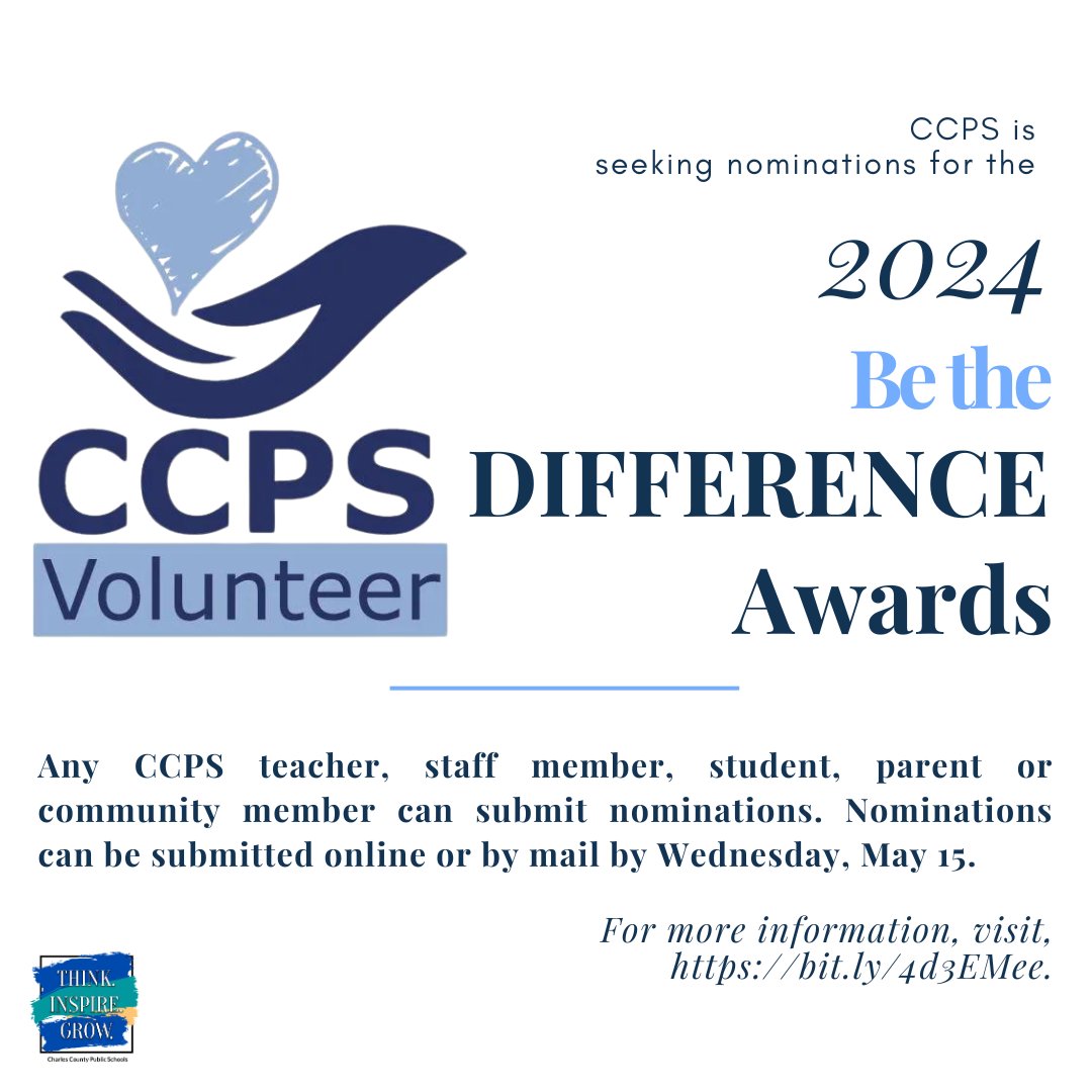 Nominate a volunteer for the Be the Difference Awards program. CCPS is seeking nominations for the program. The Be the Difference Awards were launched in 2018 to recognize the outstanding contributions school volunteers make to CCPS, students and staff. bit.ly/4d3EMee.