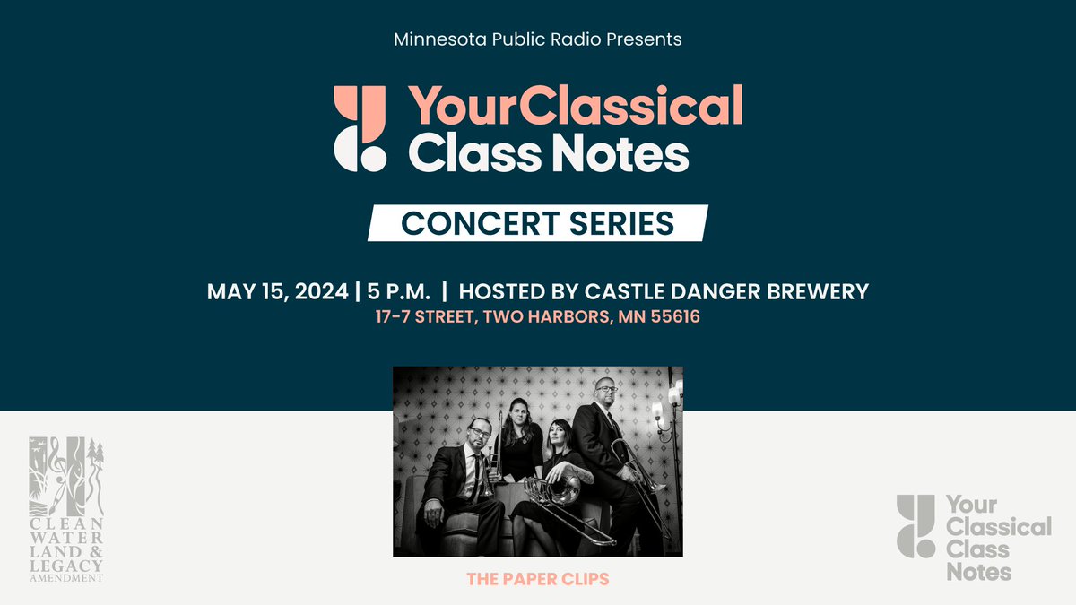 We're excited to welcome The Paper Clips this Wednesday at our taproom at 5pm! This trombone quartet is in town as part of the MPR Class Notes program. Get here early to get a seat! 🎶🍻 #thepaperclips #mpr #paperclips #castledangerbrewery #twoharborsmn #yourclassicalnotes