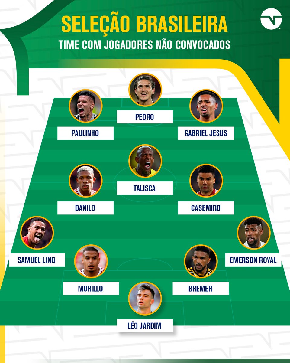 ESSE TIME IA DAR TRABALHO? 👀 A gente montou uma #SeleçãoBrasileira só com jogadores disponíveis e que não foram escolhidos por Dorival Jr. pra essa convocação! E aí, quais desses mereciam uma chance com o professor?