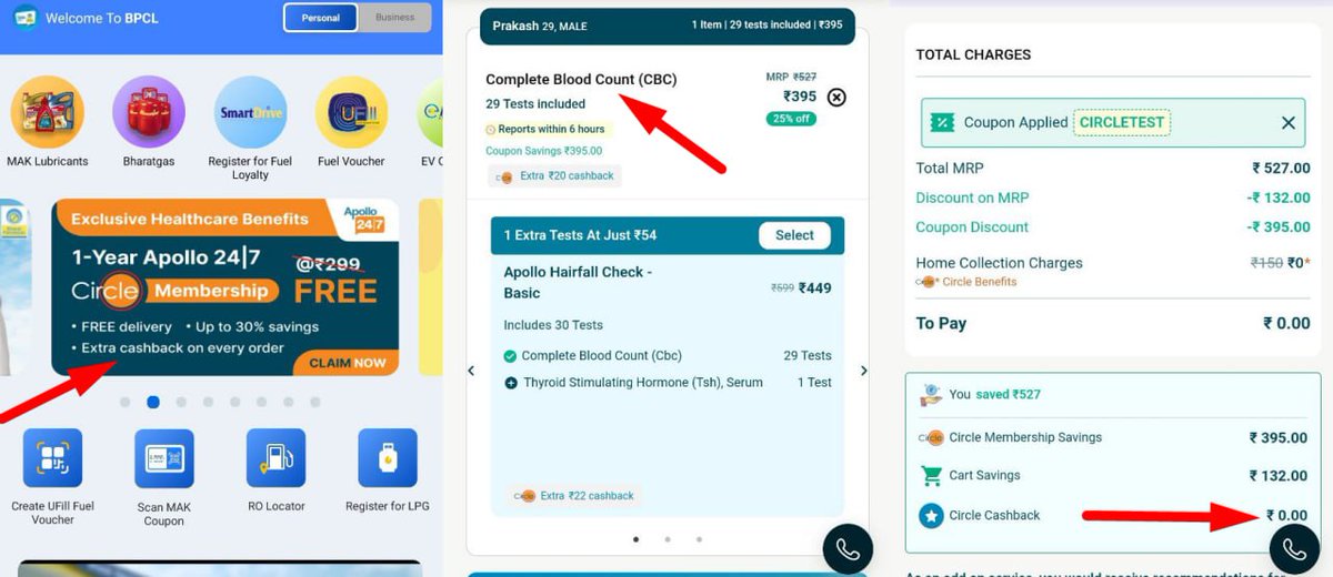 Free Blood Count Test Download the BPCL app now! play.google.com/store/apps/det… Get a FREE Apollo Circle membership with banner! Select the Blood Count Test in the Apollo app, Apply coupon - CIRCLETEST to make the price 0. Get it done at home! 😅