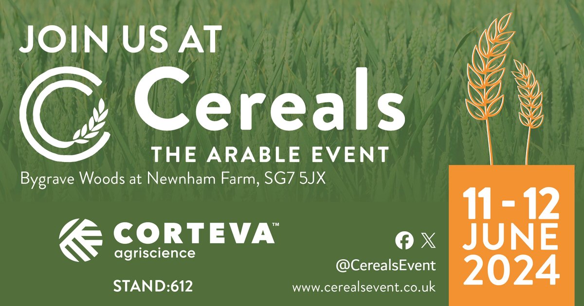 Five weeks to go until @CerealsEvent 2024! Come along and visit stand 612 on 11-12th June to talk to the #TeamCorteva experts. Discover more about the Corteva stand here: corteva.co.uk/cereals-event-… 🌱 #CerealsEvent2024 #Cereals24 #KeepGrowing
