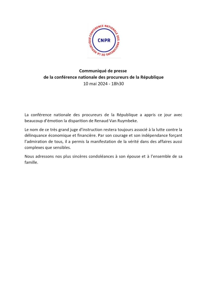 Communiqué de presse du conseil d'administration de la @conf_nat_procs à l'occasion du décès de Renaud Van Ruymbeke.