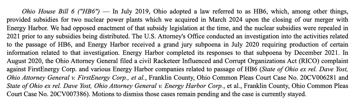 Vistra Corp. highlights the new legal risk it acquired with the takeover of former FirstEnergy subsidiary Energy Harbor in a new quarterly 10-Q report to SEC - a risk that could have easily been avoided by not taking over a competitor subpoenaed in a major bribery investigation