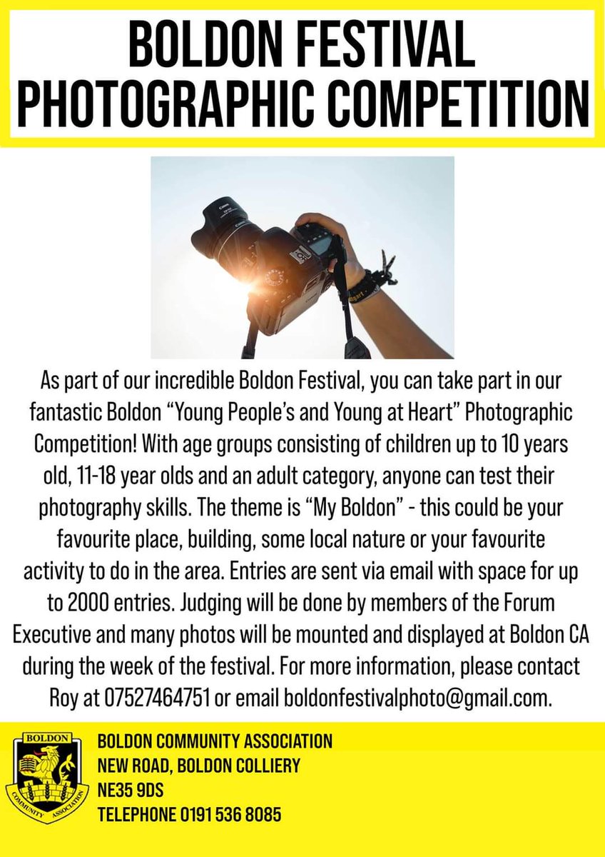 Great that the Boldon Summer Festival has launched a “Young People’s and Young at Heart” Photography Competition. It would be great to see as many people as possible take part -entries will be displayed at Boldon CA during the Festival. Further information can be found below