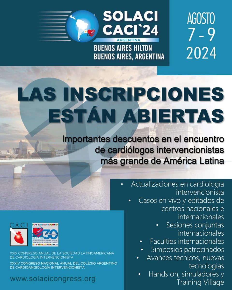 🔵Congreso SOLACI-CACI 2024 📣 ¡Inscripciones abiertas! 🗓️ 7 al 9 de agosto 📍Hilton - Buenos Aires, Argentina 📌 Más información 👉🔗 solacicongress.org/es/inscripcion…