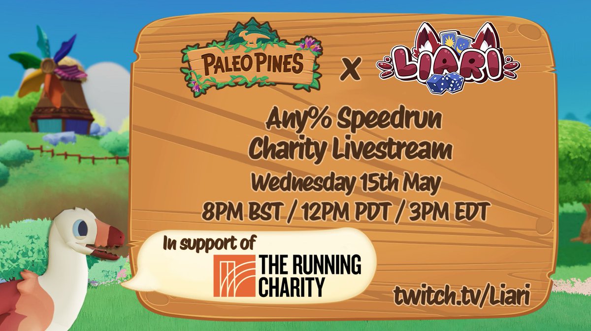 This coming Wednesday get your running boots (and booties) on for a Charity Livestream Any% Speedrun of @PaleoPines! Featuring your favourite Fox VTuber (me!) and my favourite farming game to date (Paleo Pines!), we'll be raising money for The @Running_Charity! More info👇