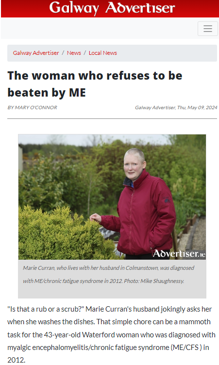This is a full-page article in the Galway Advertiser this week. It followed our press release . Thanks to Marie Curran for once again telling her story. Can be read for free here: advertiser.ie/galway/article… #MEcfs #CFS #PwME